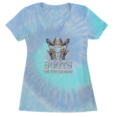 Boots On The Ground Bling Ladies V-Neck T-shirt Blue Clouds