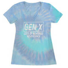 Gen X Lots of Memories No Evidence Nostalgia Ladies V-Neck T-shirt Blue Clouds