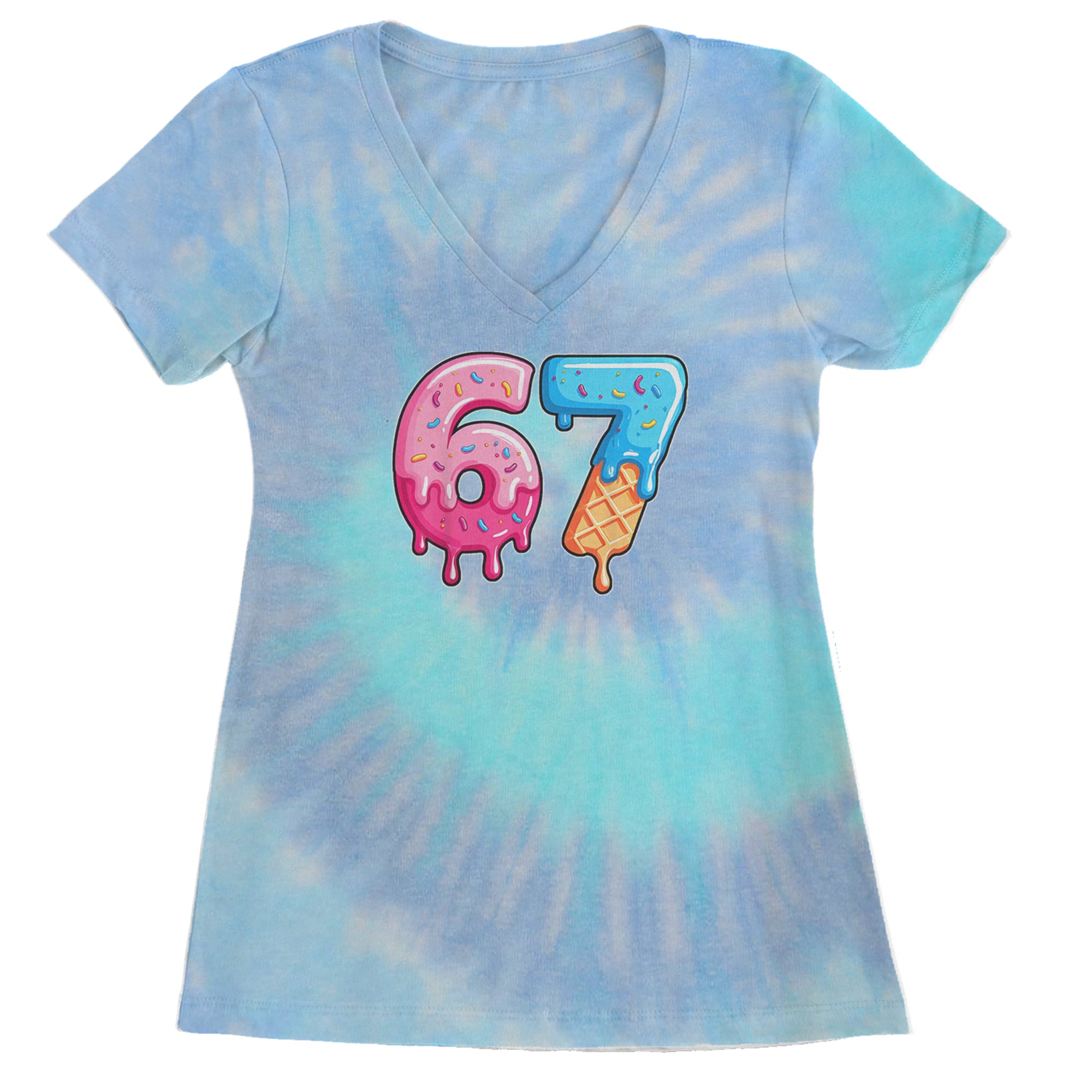 67 Dripping Ice Cream Donut Melt Ladies V-Neck T-shirt Blue Clouds
