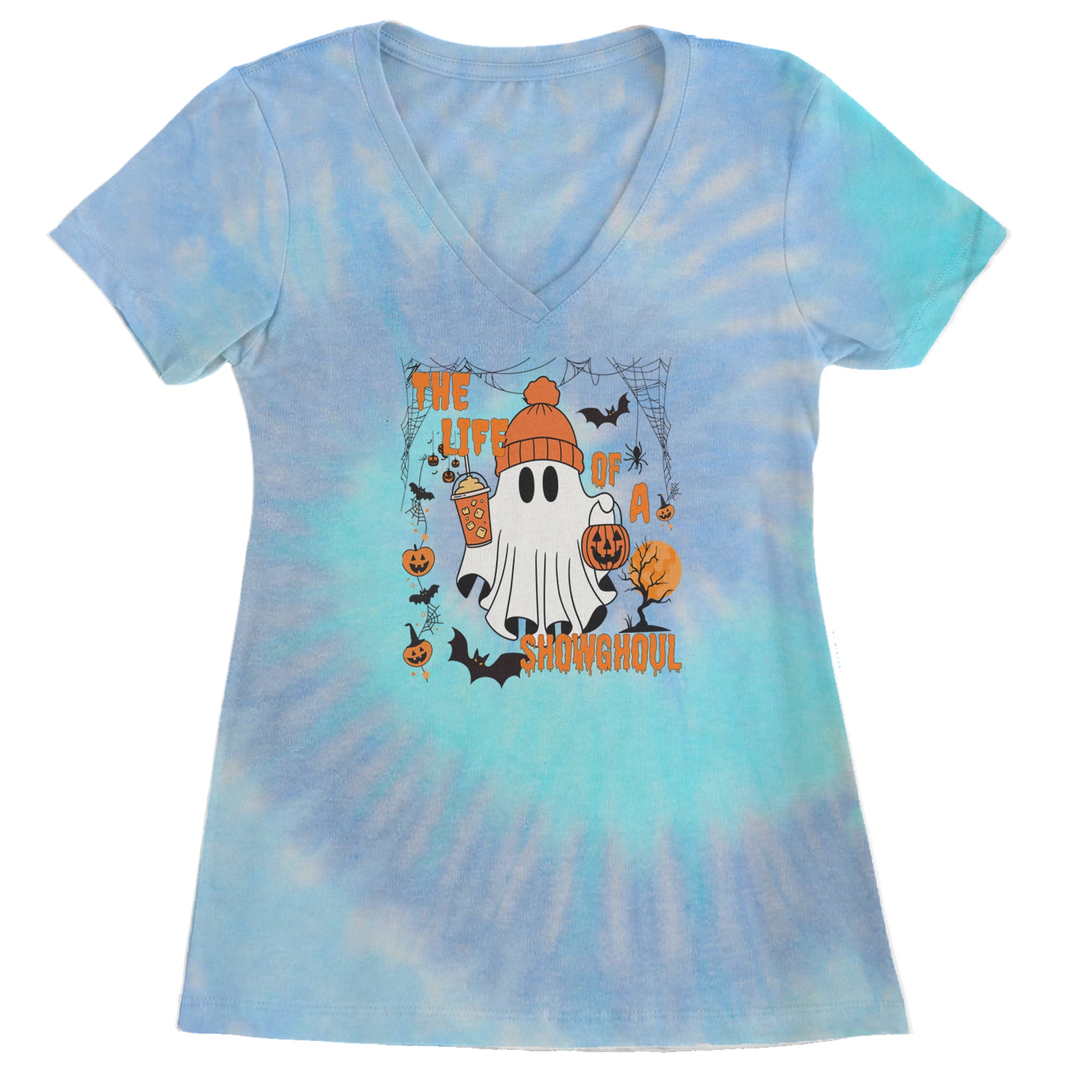 Life of a Showghoul Halloween Showgirl Vibes Ladies V-Neck T-shirt Blue Clouds