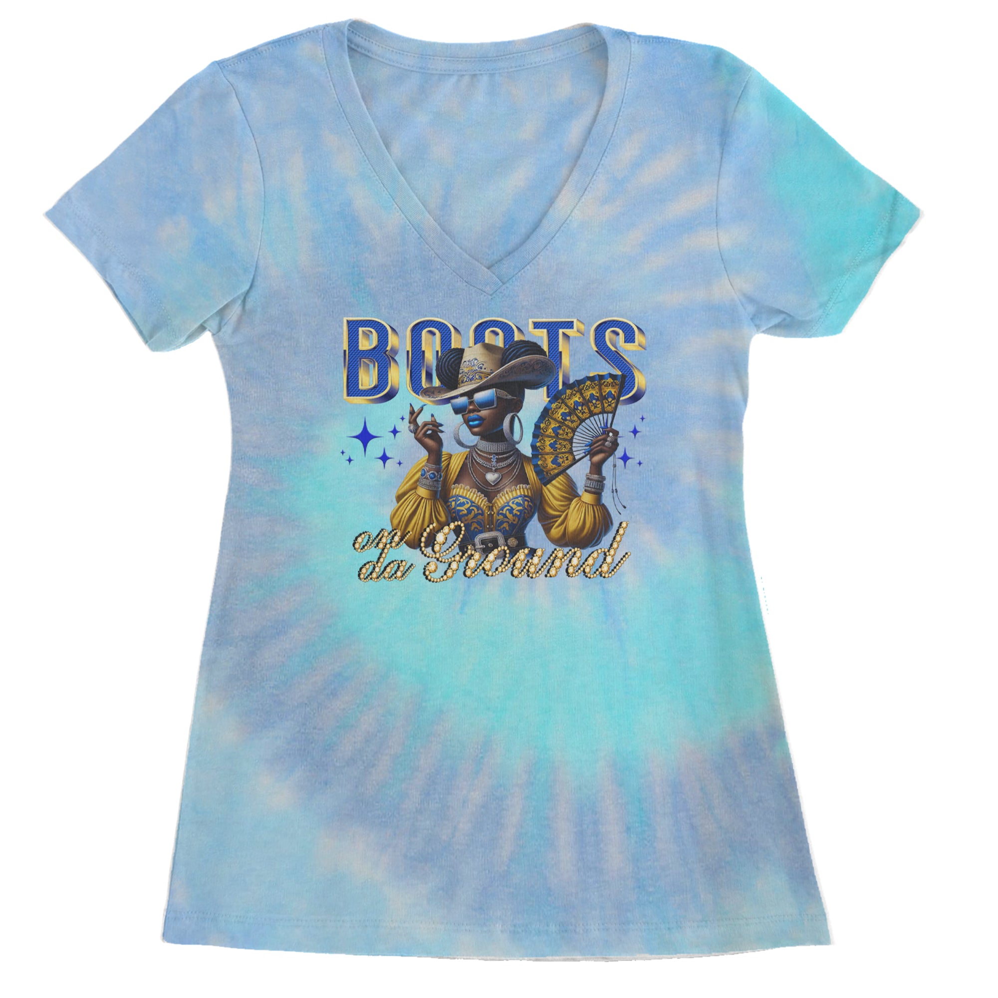 Boots On Da Ground Folding Fan Ladies V-Neck T-shirt Blue Clouds