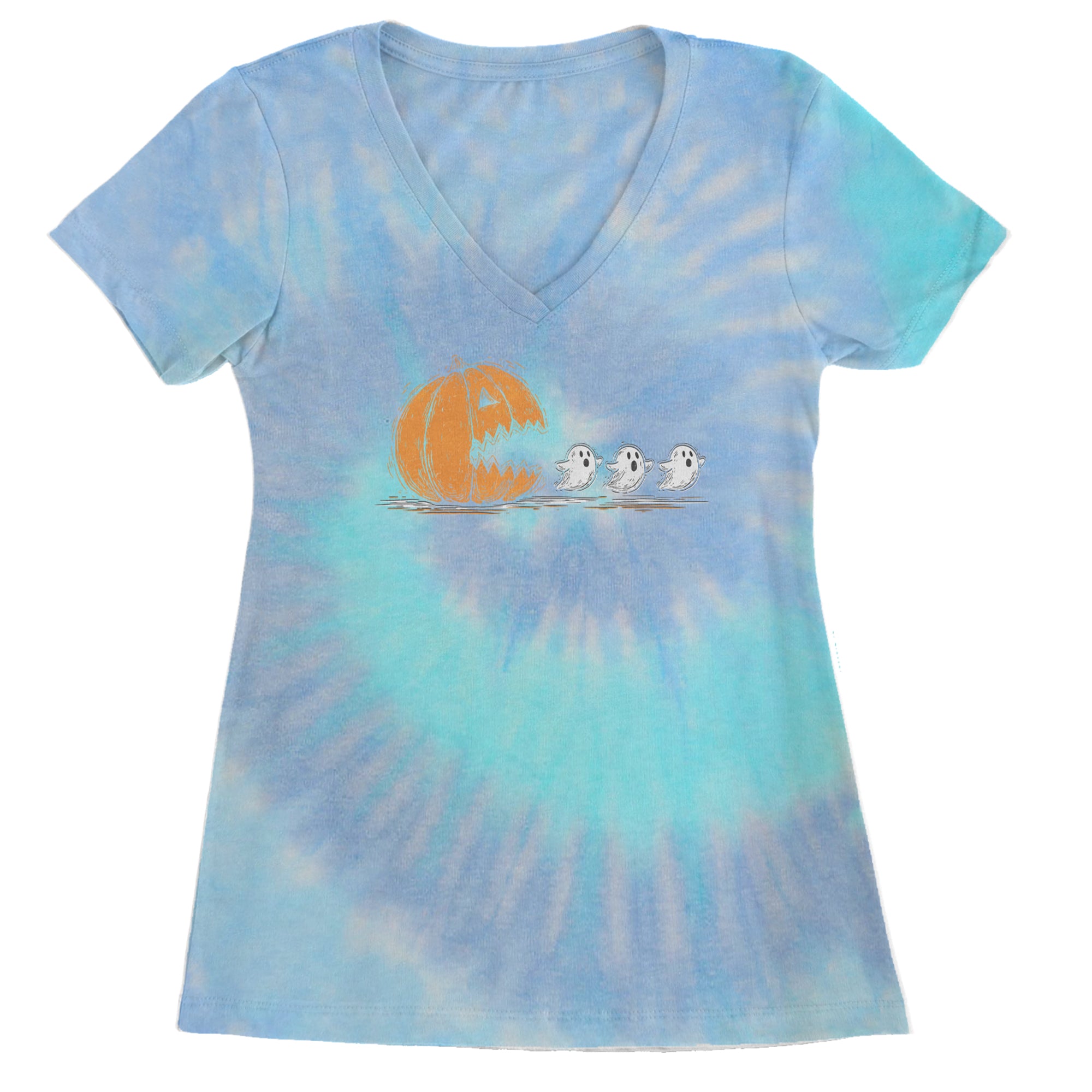 Pumpkin Pacman Chasing Ghosts Halloween Ladies V-Neck T-shirt Blue Clouds