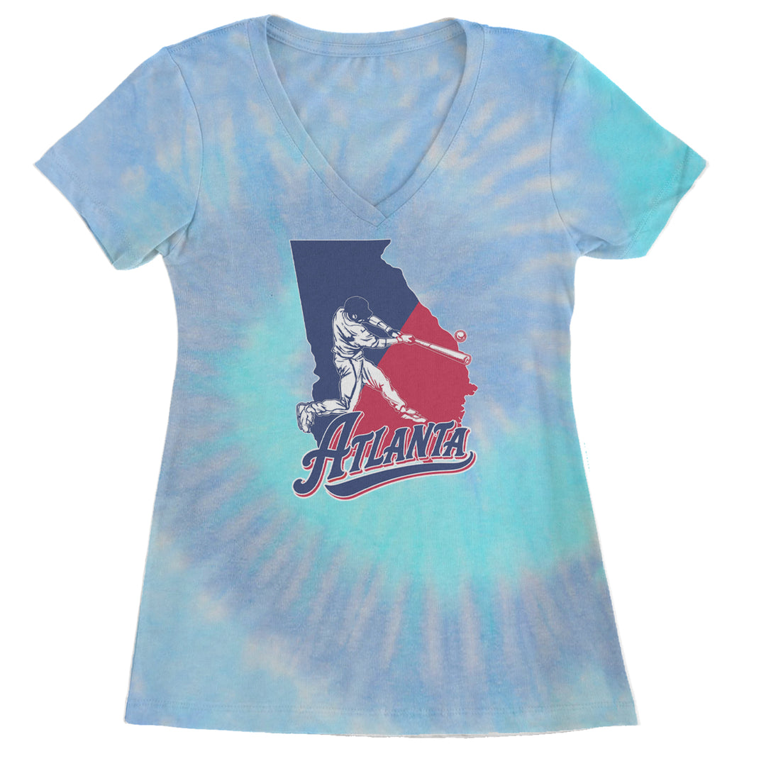 Atlanta Georgia Batter Up Ladies V-Neck T-shirt Blue Clouds