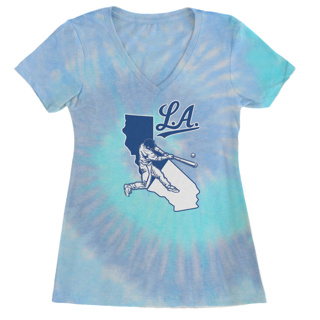 Los Angeles Baseball Batter Up Ladies V-Neck T-shirt Blue Clouds