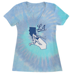Los Angeles Baseball Batter Up Ladies V-Neck T-shirt Blue Clouds