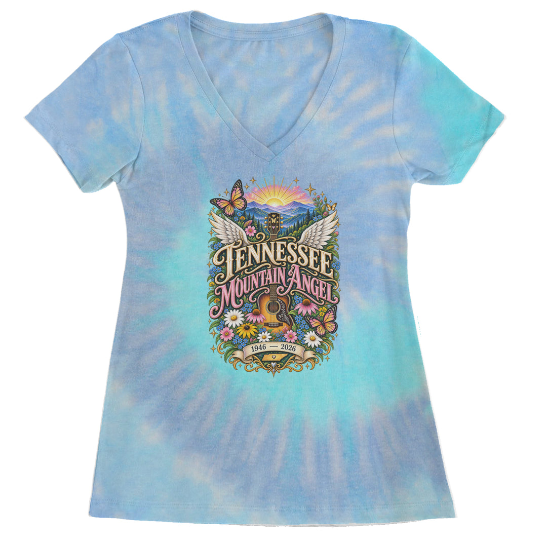 Tennessee Mountain Angel Wings Dolly Ladies V-Neck T-shirt Blue Clouds