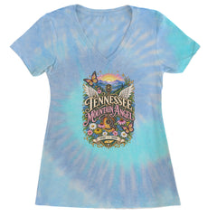 Tennessee Mountain Angel Wings Dolly Ladies V-Neck T-shirt Blue Clouds