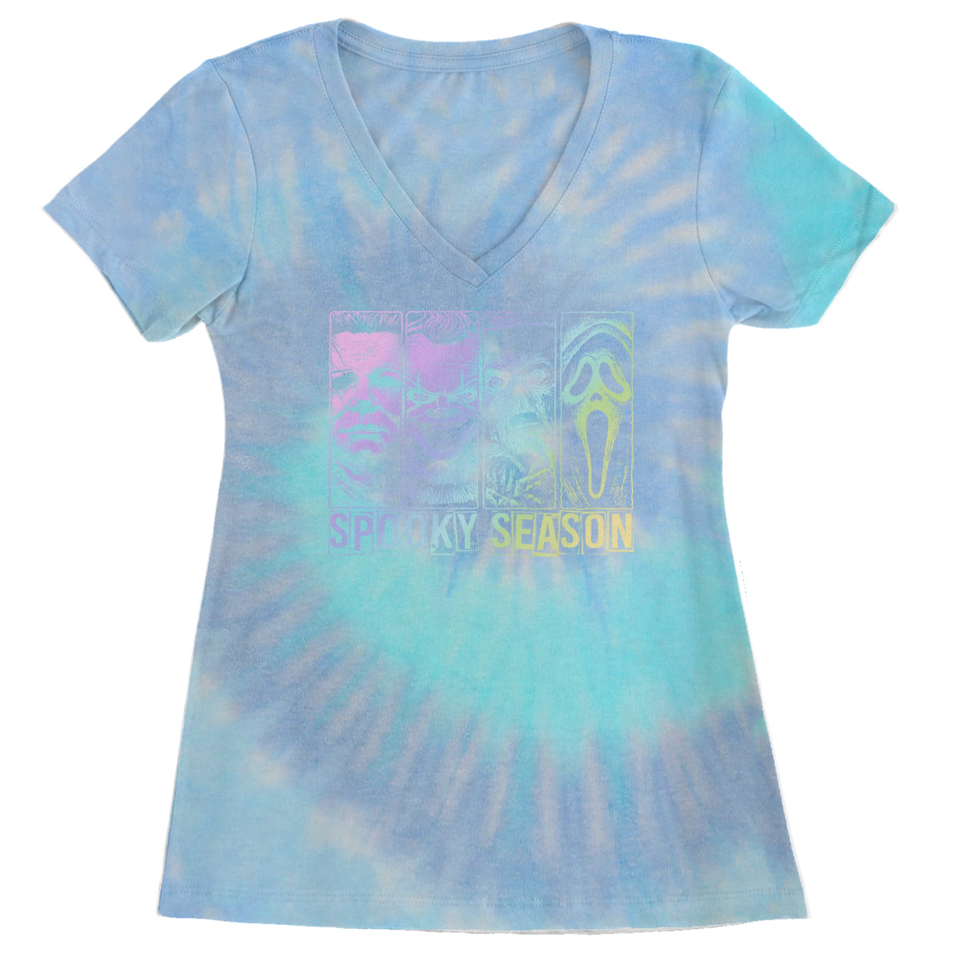 Spooky Season Horror Icons Halloween Ladies V-Neck T-shirt Blue Clouds