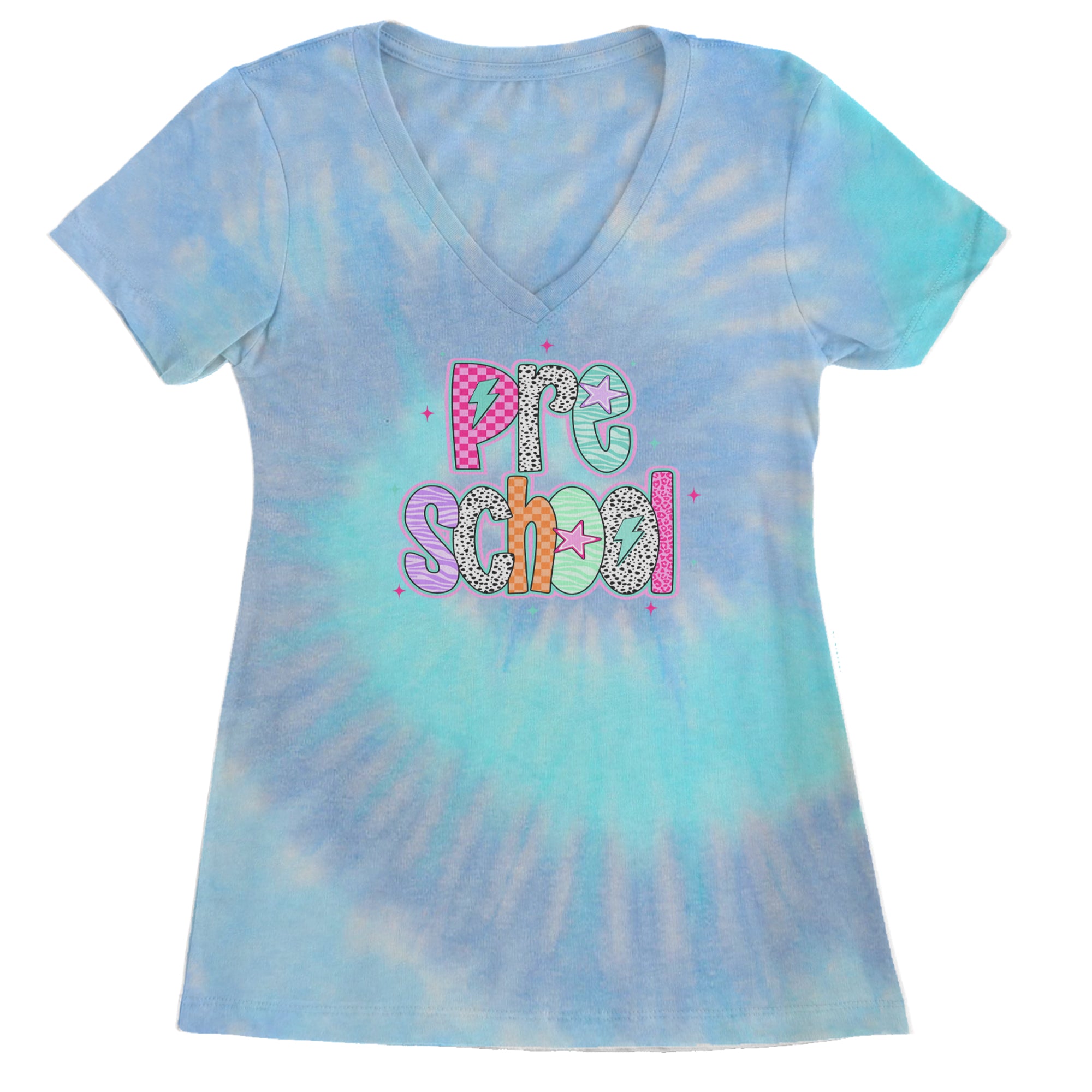 Preschool Power Colorful Back to School Ladies V-Neck T-shirt Blue Clouds