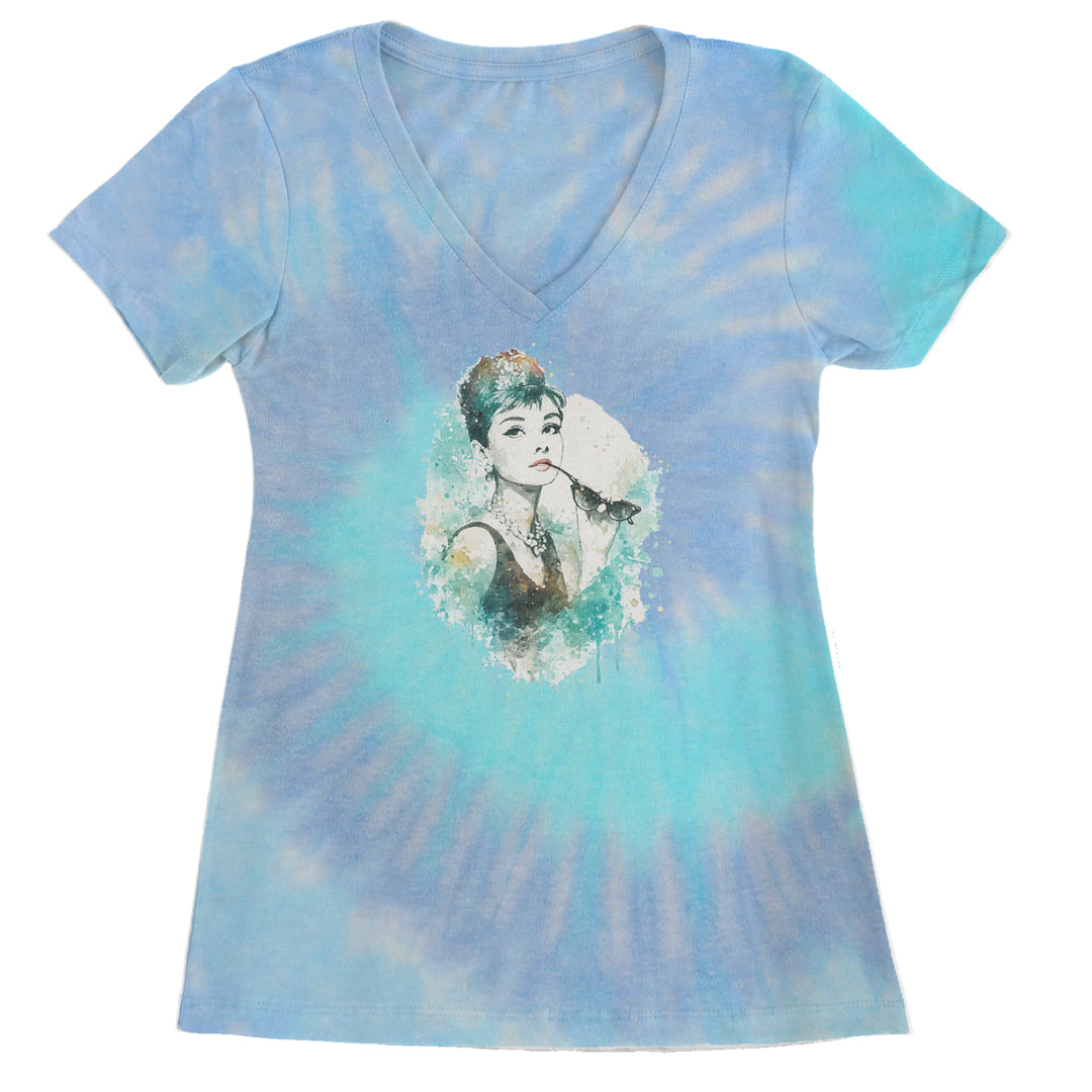 Mrs. Herpburn Iconic Watercolors Ladies V-Neck T-shirt Blue Clouds