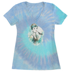 Mrs. Herpburn Iconic Watercolors Ladies V-Neck T-shirt Blue Clouds