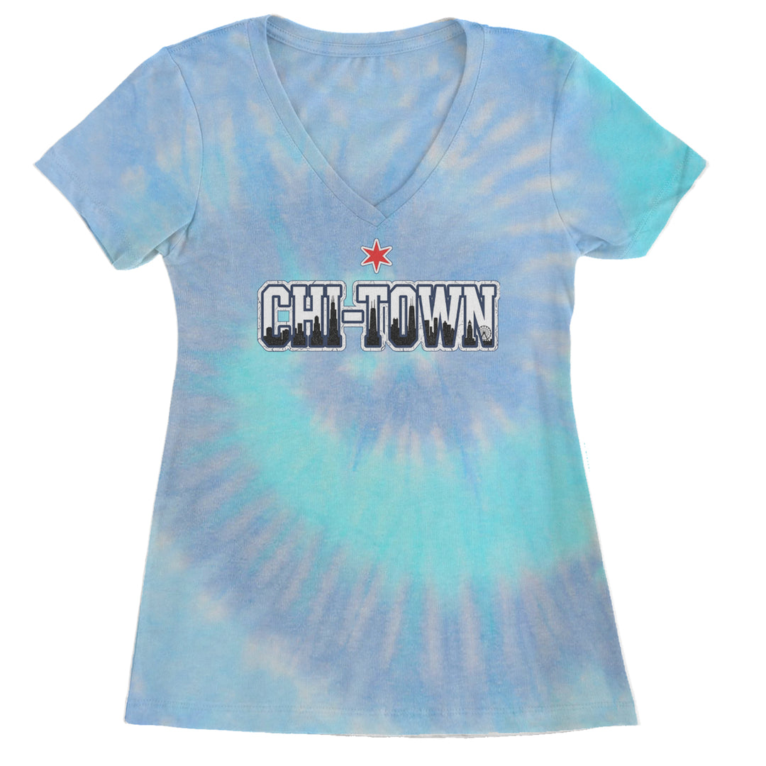 Chicago Chi-Town City Pride Ladies V-Neck T-shirt Blue Clouds