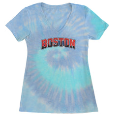 Boston City Pride Skyline Ladies V-Neck T-shirt Blue Clouds