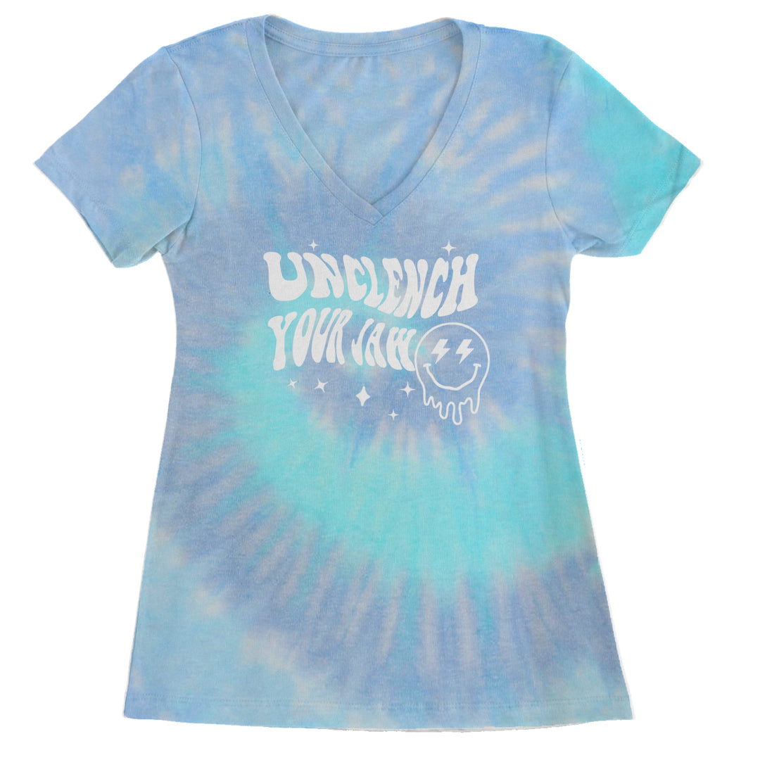 Trippy tie-dye burst with sparkly accents and melting smiley on a Women's Lightweight V-Neck T-Shirt