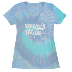 Trippy tie-dye burst with sparkly accents and melting smiley on a Women's Lightweight V-Neck T-Shirt