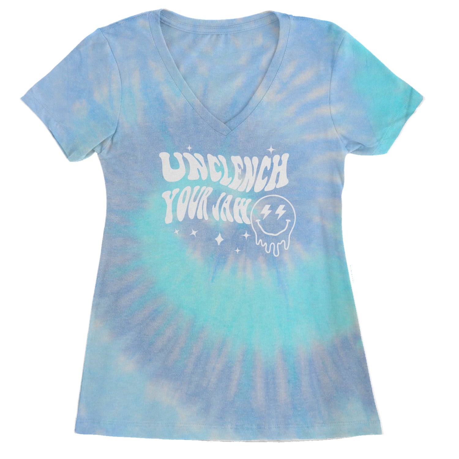 Unclench Your Jaw Festival Rave EDM Ladies V-Neck T-shirt Blue Clouds