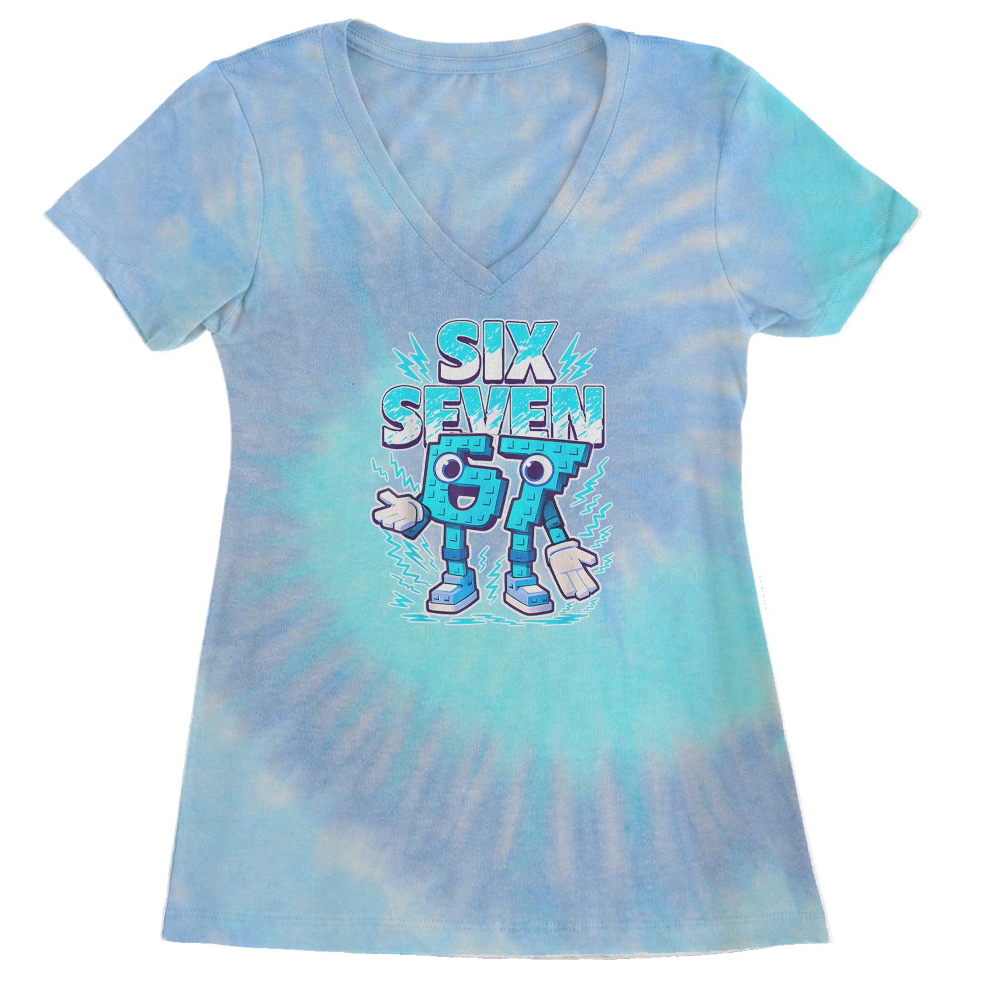 67 Brainrot Meme Slang Ladies V-Neck T-shirt Blue Clouds