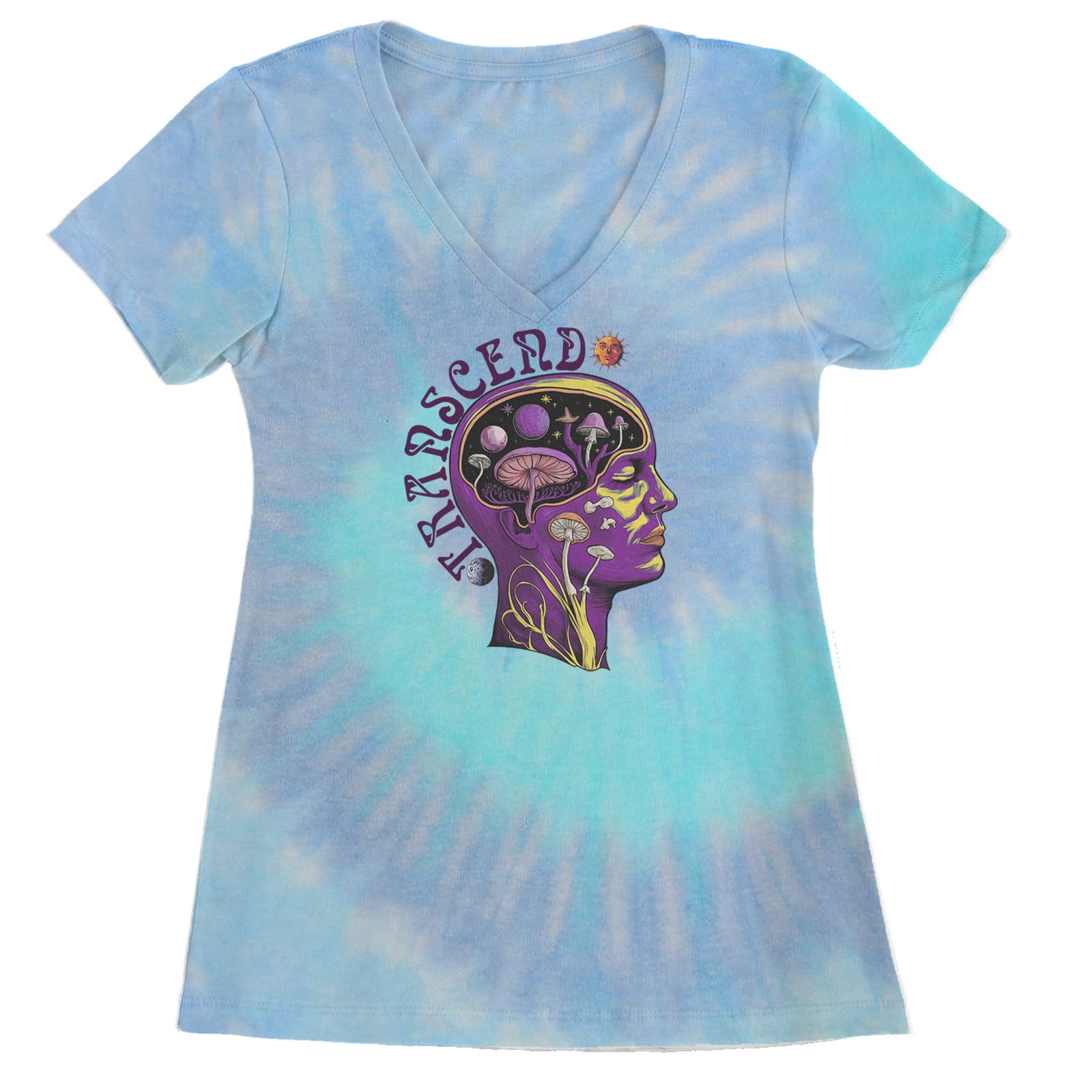 Psychedelic Cosmic Mushroom Head Ladies V-Neck T-shirt Blue Clouds