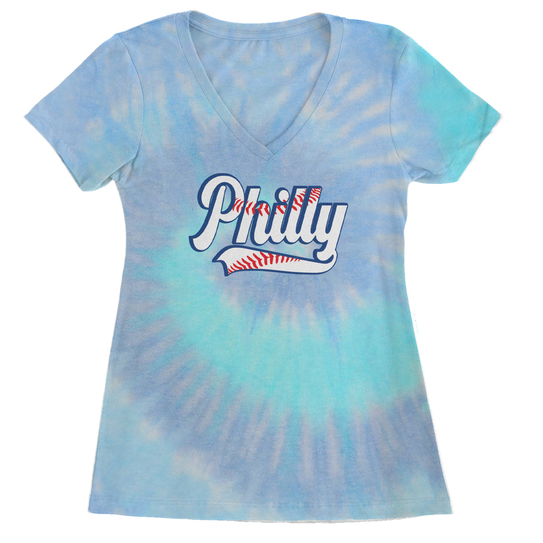 Philly Baseball Stitching graphic on Women's Lightweight V-Neck T-Shirt in Blue Clouds