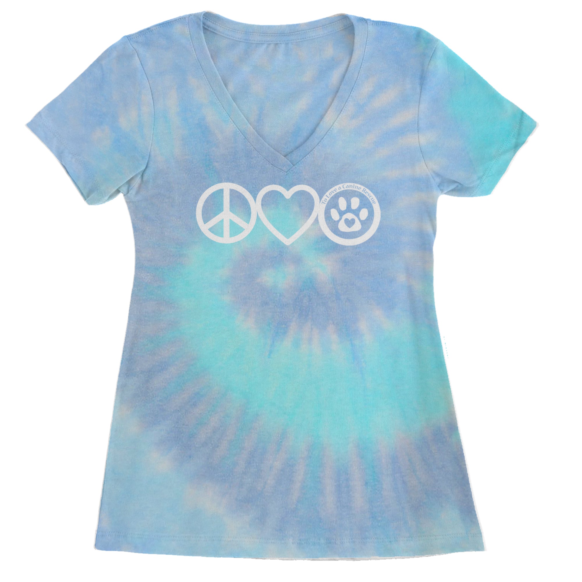 Peace, Love and TLC Dog Rescue Ladies V-Neck T-shirt Blue Clouds