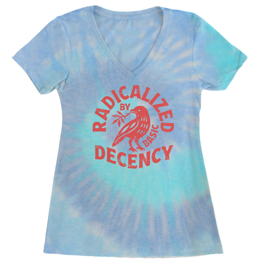 Radicalized by Basic Decency Dove Protest Statement Ladies V-Neck T-shirt Blue Clouds