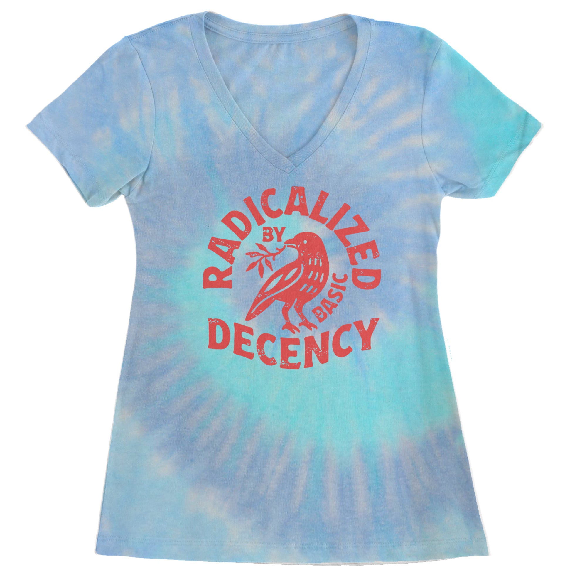Radicalized by Basic Decency Dove Protest Statement Ladies V-Neck T-shirt Blue Clouds