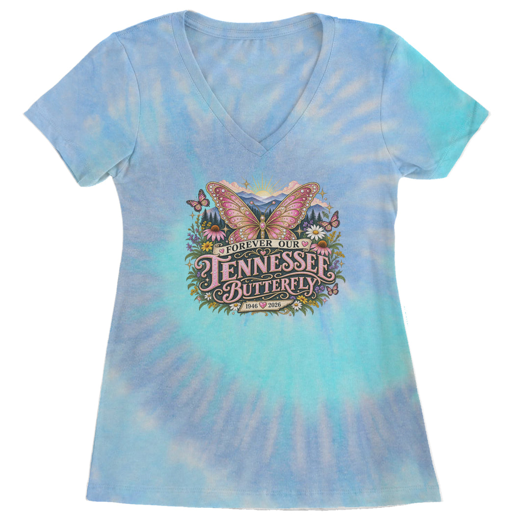 Forever Our Tennessee Butterfly Dolly Ladies V-Neck T-shirt Blue Clouds