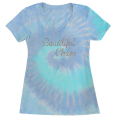 Beautiful Chaos Glitter Music Festival Ladies V-Neck T-shirt Blue Clouds