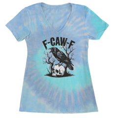 F-Caw-F Crow On Skull F-ck Off Gothic Ladies V-Neck T-shirt Blue Clouds