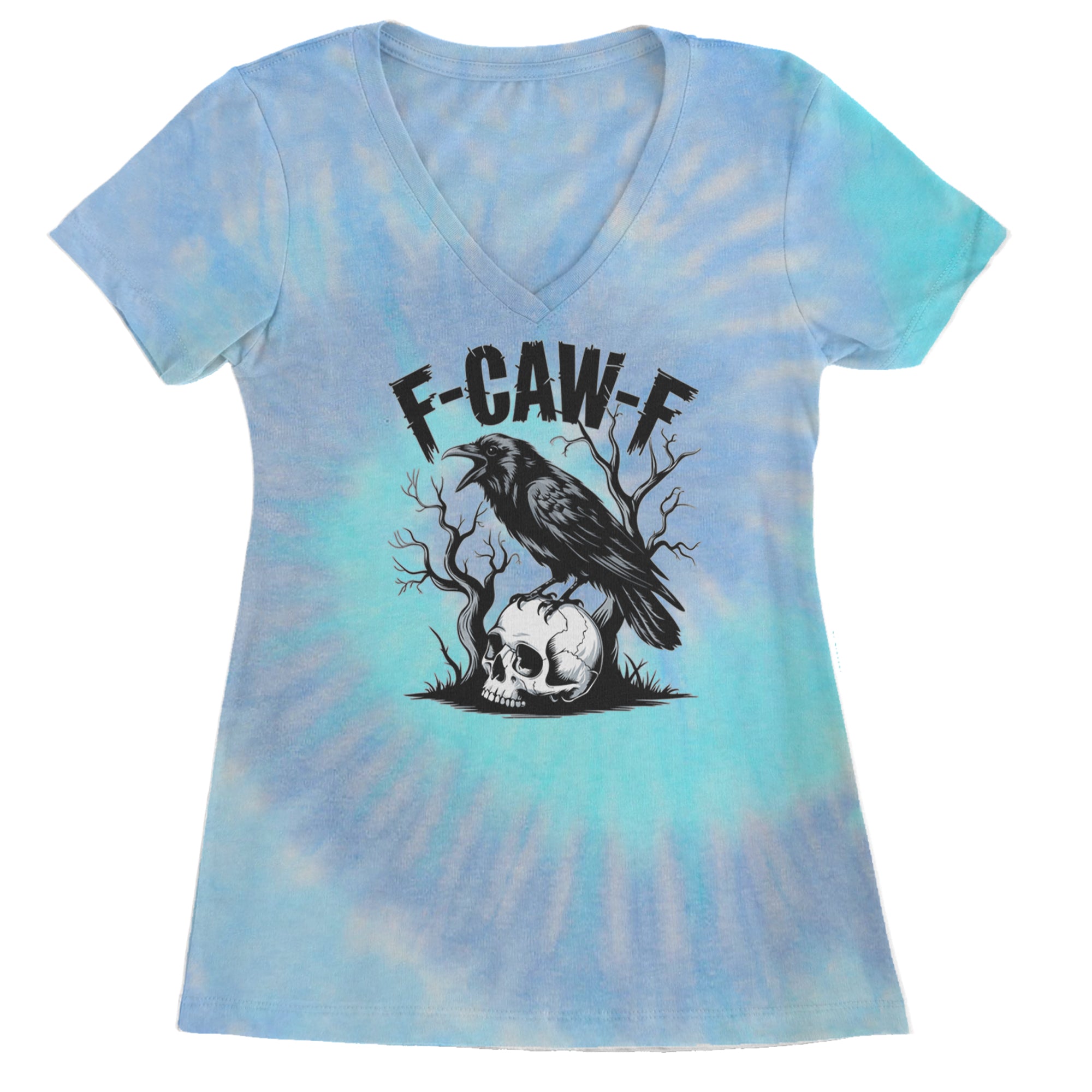 F-Caw-F Crow On Skull F-ck Off Gothic Ladies V-Neck T-shirt Blue Clouds