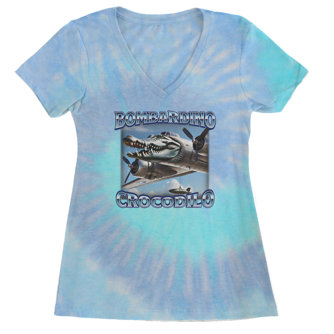 Bombardino Crocodilo Brainrot Ladies V-Neck T-shirt Blue Clouds