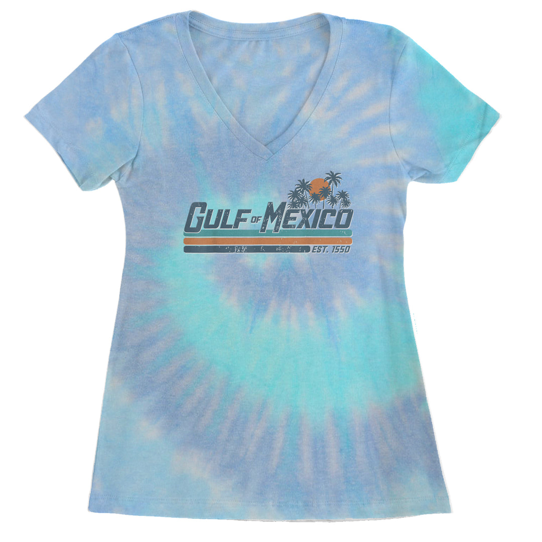 Gulf Of Mexico Established Year 1550 Ladies V-Neck T-shirt Blue Clouds