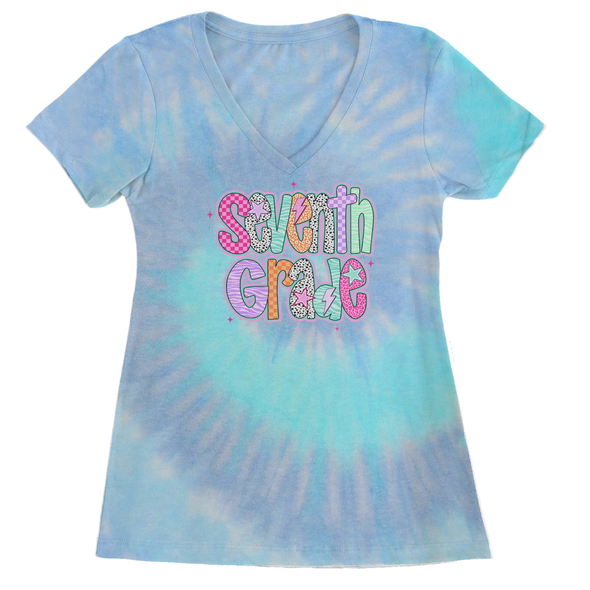 Seventh Grade Swagger Colorful Back to School Ladies V-Neck T-shirt Blue Clouds