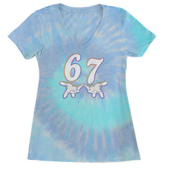 67 Hands Meme Viral Drill Ladies V-Neck T-shirt Blue Clouds