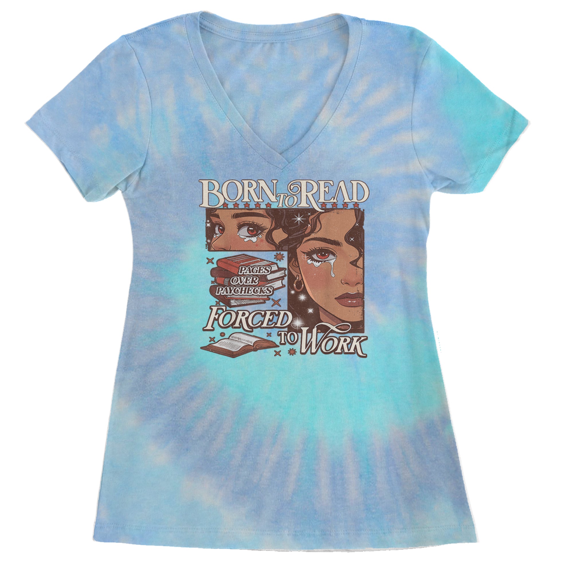 Born To Read Pages Over Paychecks Ladies V-Neck T-shirt Blue Clouds