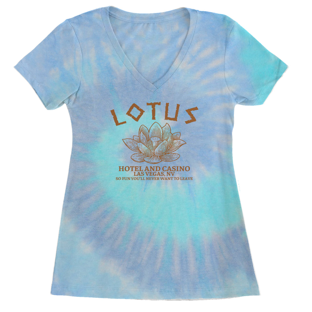 Lotus Hotel and Casino Ladies V-Neck T-shirt Blue Clouds