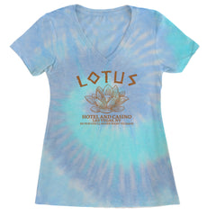 Lotus Hotel and Casino Ladies V-Neck T-shirt Blue Clouds