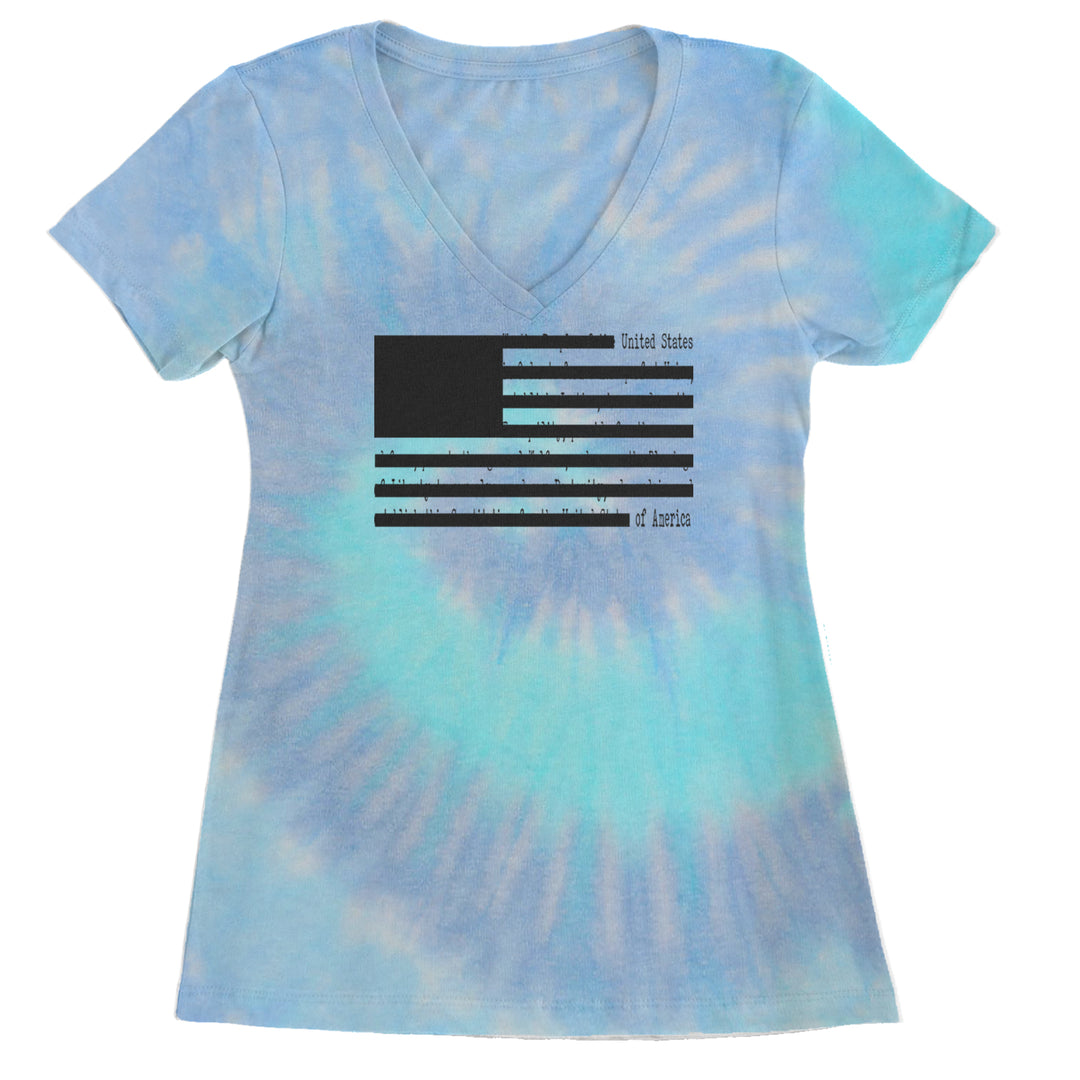 Redacted American Flag Ladies V-Neck T-shirt Blue Clouds