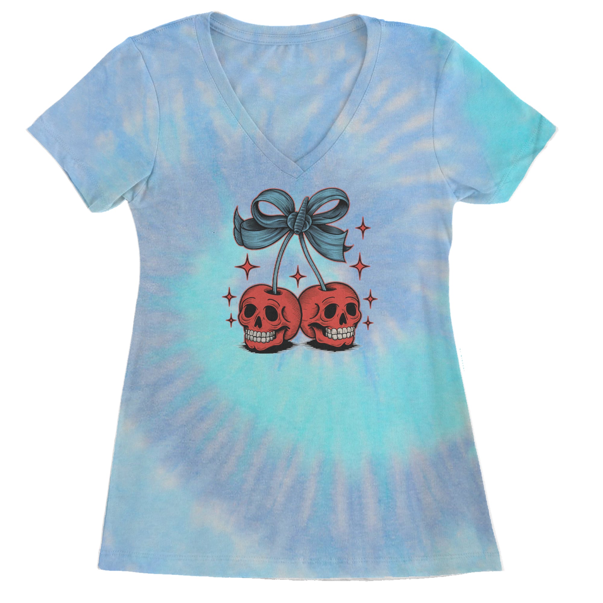 Cherry Skulls Retro Tattoo Ladies V-Neck T-shirt Blue Clouds
