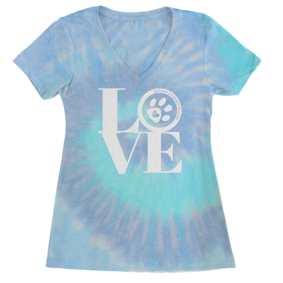 TLC LOVE Dog Rescue Ladies V-Neck T-shirt Blue Clouds