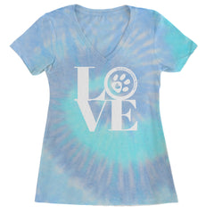 TLC LOVE Dog Rescue Ladies V-Neck T-shirt Blue Clouds