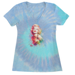 Mrs. Monroe Watercolors Bombshell Ladies V-Neck T-shirt Blue Clouds