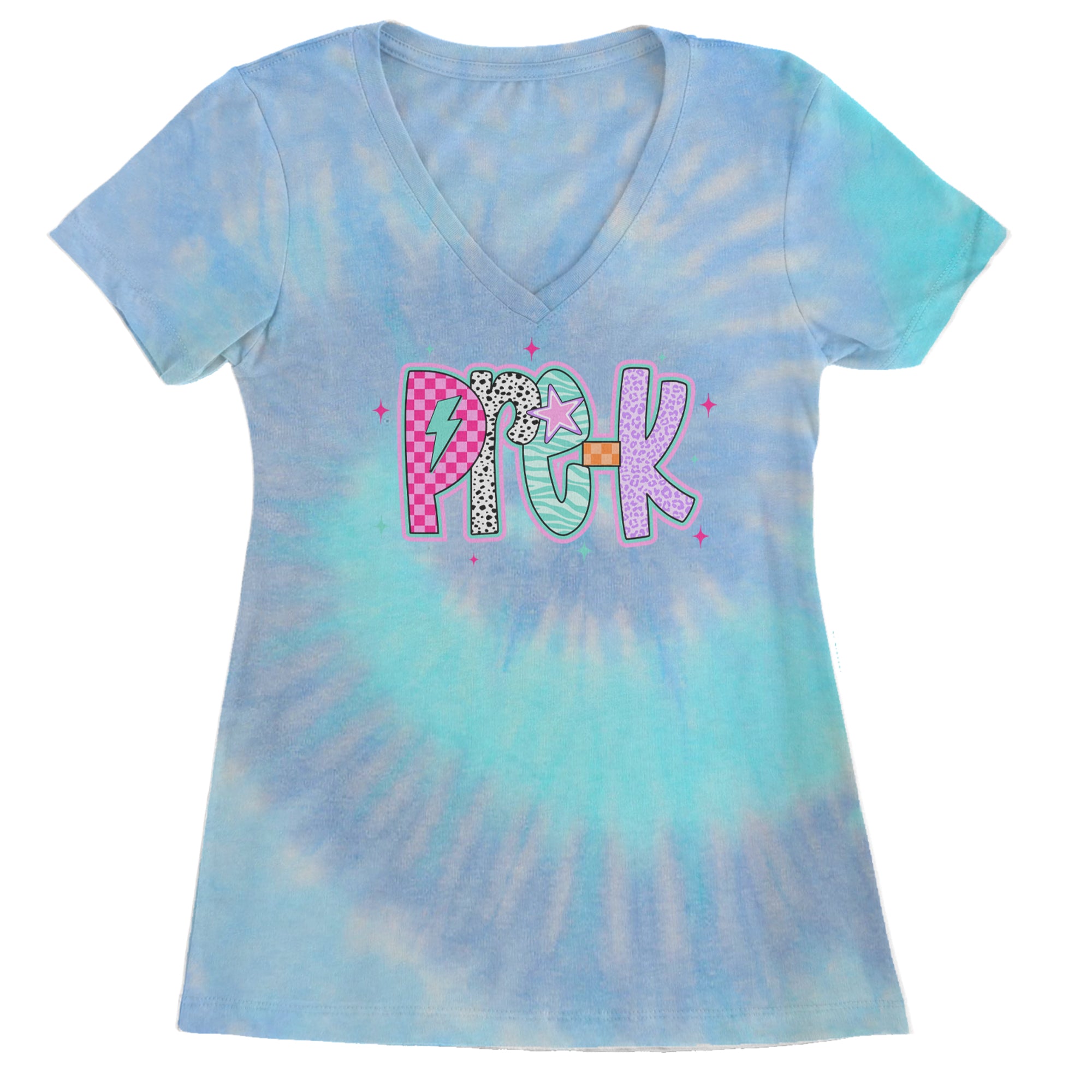 Pre-K Party Time Colorful Back to School Ladies V-Neck T-shirt Blue Clouds