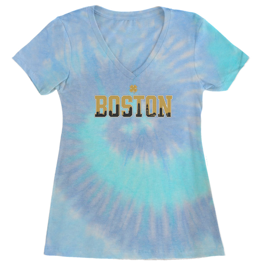 Boston City Pride Irish Ladies V-Neck T-shirt Blue Clouds