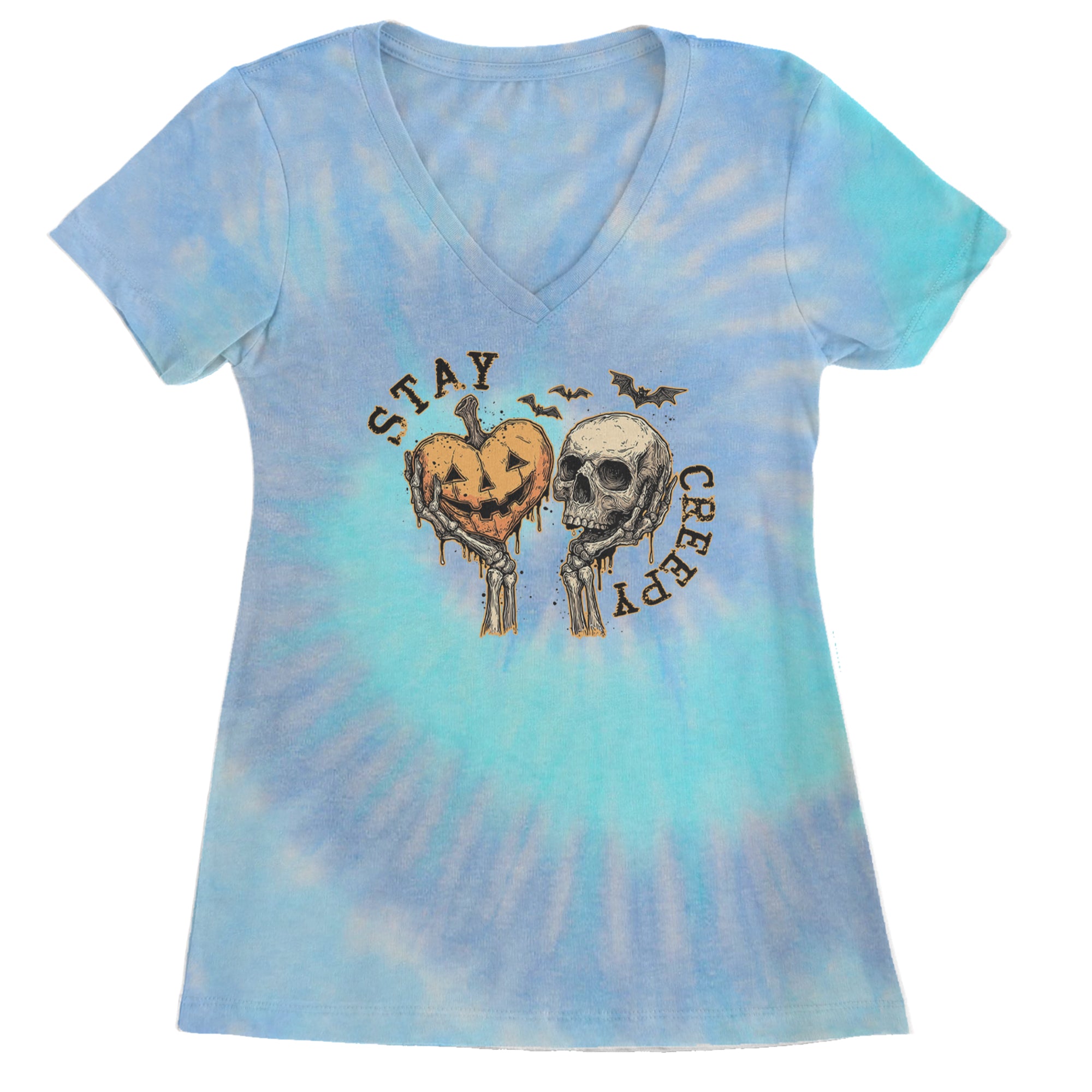 Stay Creepy Skull and Pumpkin Halloween Ladies V-Neck T-shirt Blue Clouds