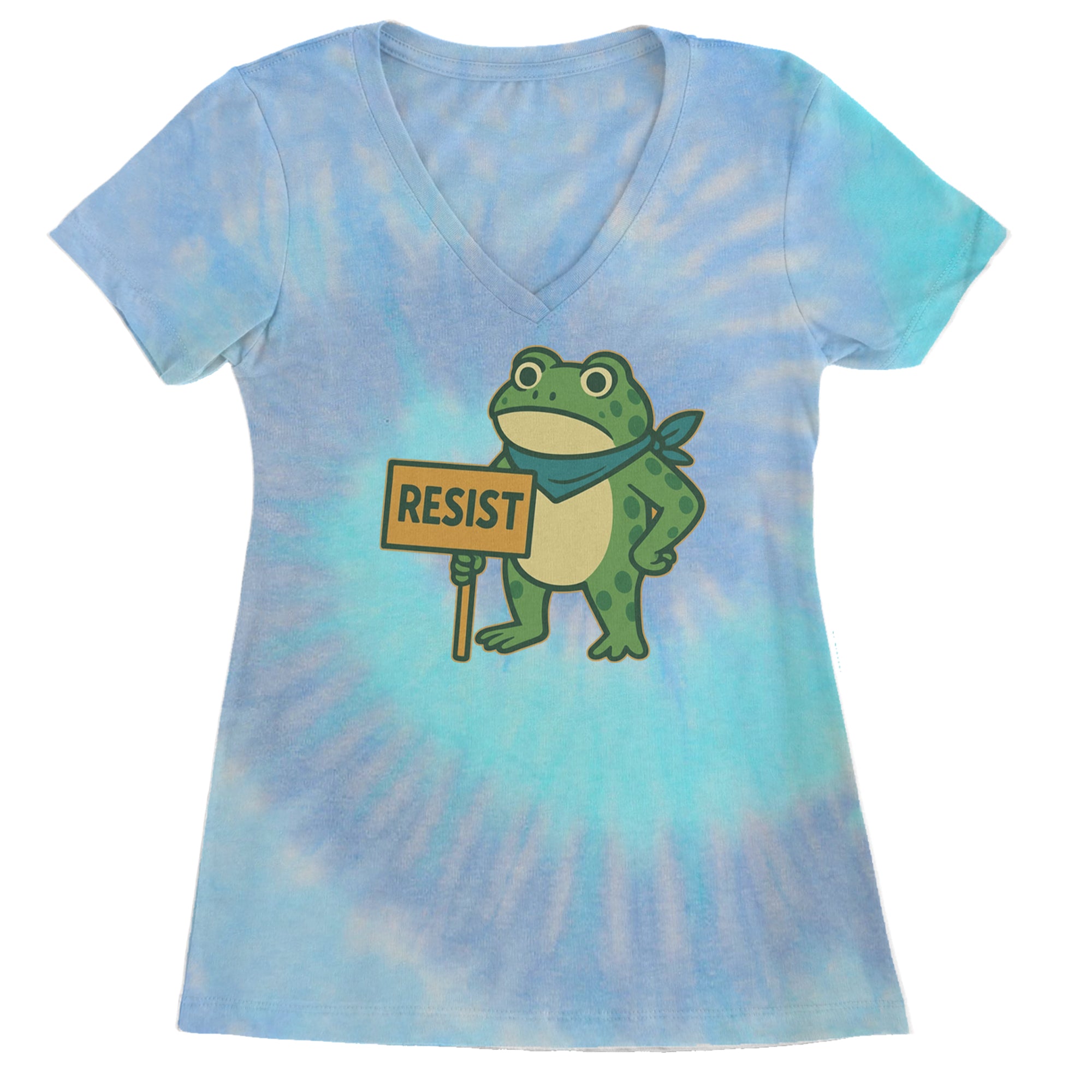 Sign Resist Meme Frog Protest Ladies V-Neck T-shirt Blue Clouds