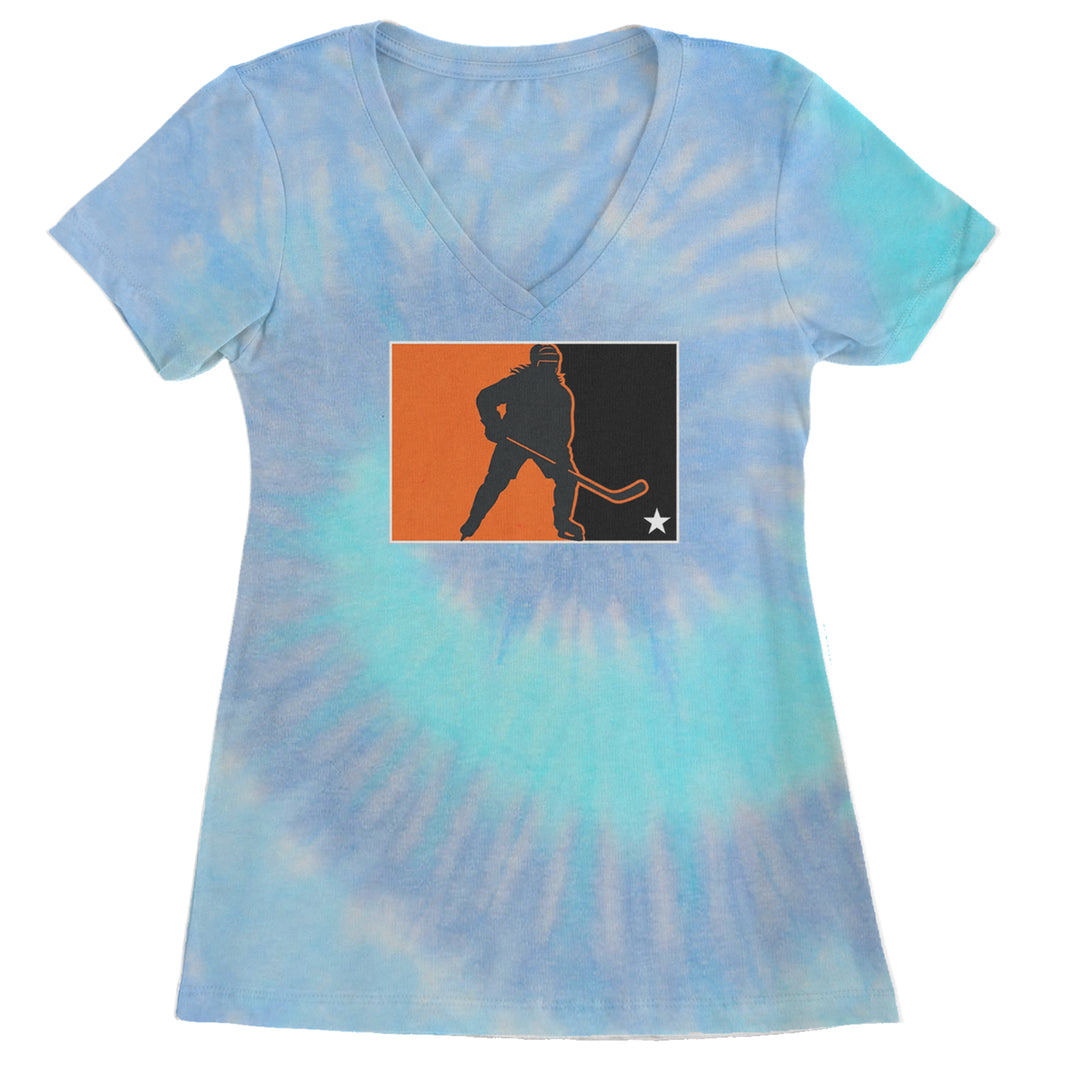 Hockey Enforcer Retro Vintage Ladies V-Neck T-shirt Blue Clouds