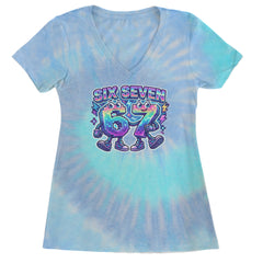 Six Seven 67 Retro Pixel Buddies Ladies V-Neck T-shirt Blue Clouds