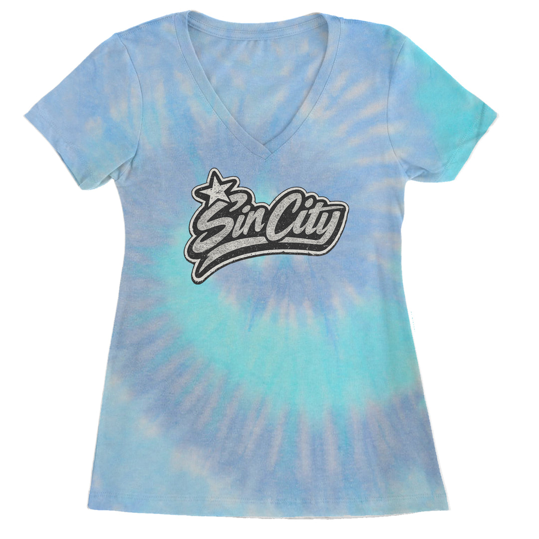Sin City Vegas Retro Vintage Ladies V-Neck T-shirt Blue Clouds