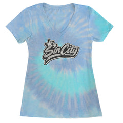 Sin City Vegas Retro Vintage Ladies V-Neck T-shirt Blue Clouds
